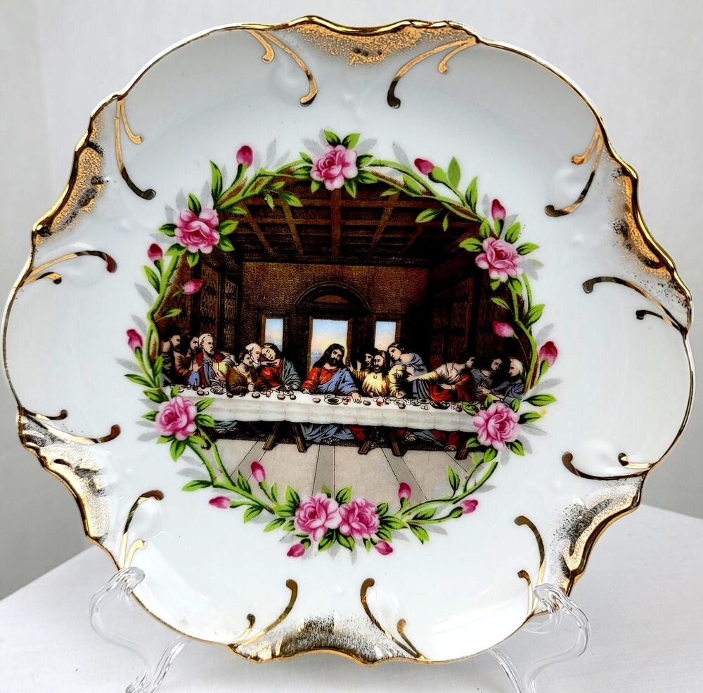 Vintage Jesus and Last Supper Hand Painted Wall Plate Dee Bee Japan Gold Trim